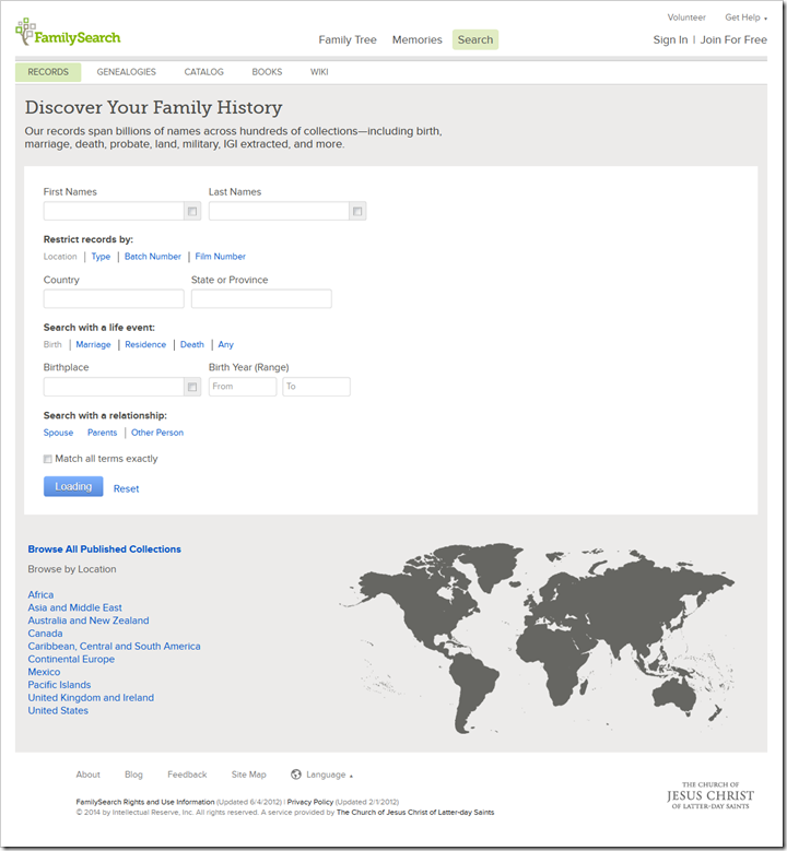 The FamilySearch historical records search page earlier this year