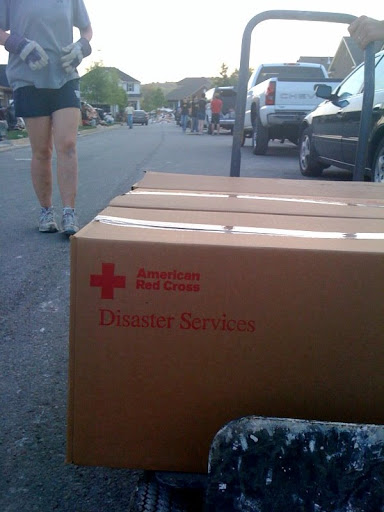 The Red Cross delivered boxes of cleaning supplies.