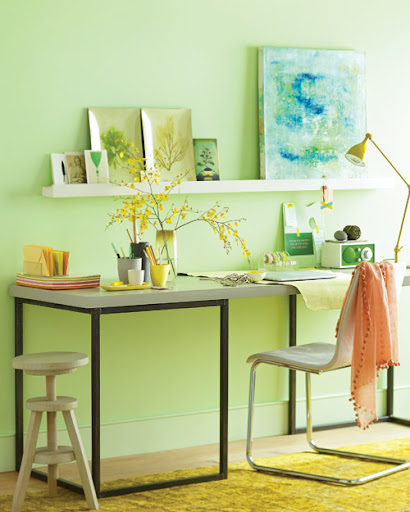 The minty walls make this office space zen-like. (Martha Stewart Living)