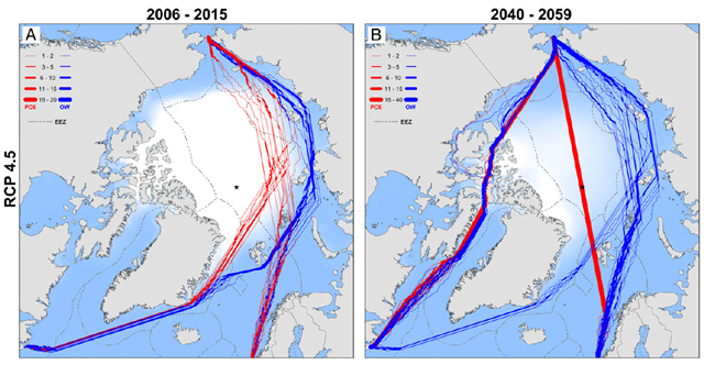A study in the Proceedings of the National Academies of Science, led by UCLA geographer Laurence Smith, looks at how the Arctic will change under even modest levels of global warming. Through computer simulations, the researchers found that open-water vessels will be able to, in theory, cross the Northwest Passage and North Sea Route regularly in the summer by 2050 without icebreakers. And icebreaker ships may be able to ram right through the North Pole. Graphic: Smith and Stephenson, 2013