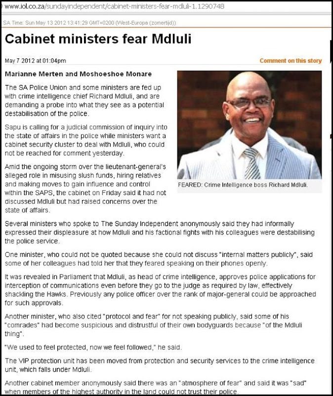 SAPS DESTABILISED BY CRIME INTELLIGENCE BOSS RICHARD MDLULI SUNINDEPENDENTMAY132012