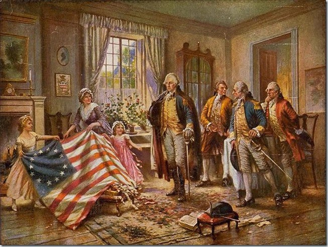 Betsy Ross & the flag with a group in a sitting room