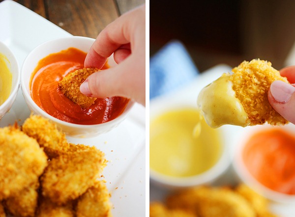 Crispy Baked Chicken Nuggets – Easy, super crispy, and freezer friendly, these nuggets (with dipping sauces) taste 10x better than store bought! | thecomfortofcooking.com