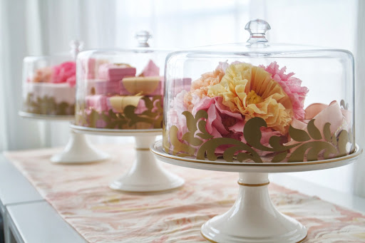 Wedding Shower: Lisbon gold cake stand and dome with paper flowers (Martha Stewart for Macy's, $90) Wedding Shower: Lisbon gold cake stand and dome with paper flowers (Martha Stewart for Macy's, $90)