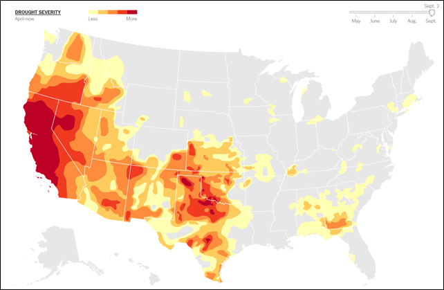 Drought severity in the United States, 2 September 2014. Droughts appear to be intensifying over much of the West and Southwest as a result of global warming. Over the past decade, droughts in some regions have rivaled the epic dry spells of the 1930s and 1950s. About 33 percent of the contiguous United States was in at least a moderate drought as of 2 September 2014. Graphic: The New York Times / U.S. Drought Monitor