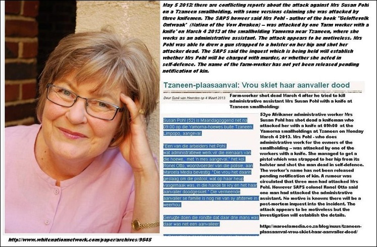 POHL SUSAN author of book GELOFTEVOLK ONTWAAK arrested after shooting dead man who stabbed her on farm March42013