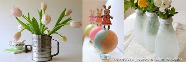 Projects on homework: vintage sifter vase, easter bunny kids' table decor, DIY sea glass from jars