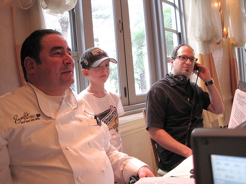Chef Emeril took a break between guests with his son E.J.