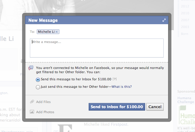 Facebook cobrou $100 para enviar mensagem a Michelle Li