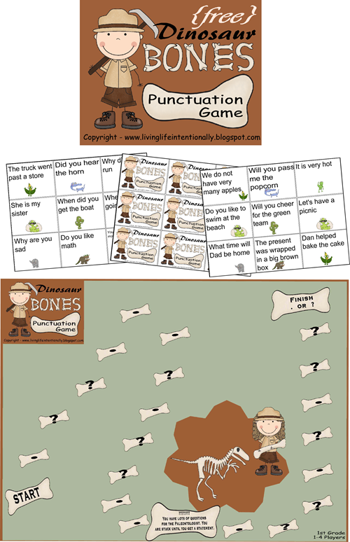 FREE Dinosaur Bones Punctuation Game - A fun way for kids to practice punctuation for Kindergarten, 1st grade, and 2nd grade kids FREE Dinosaur Bones Punctuation Game - A fun way for kids to practice punctuation for Kindergarten, 1st grade, and 2nd grade kids