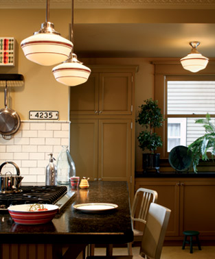 I really like the look of these schoolhouse style fixtures.  Here the Jefferson ceiling mount is paired with the pendant style Rose City.  The painted shades add a colorful detail.
