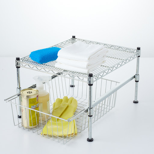 Wire racks make a great under-the-sink storage solution. You can keep all cleaning supplies in the drawer and rags and scrubbers piled neatly on top. Wire racks make a great under-the-sink storage solution. You can keep all cleaning supplies in the drawer and rags and scrubbers piled neatly on top.