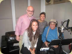 James Earl Jones at Plush Studio after the recording of his interview for Of Mice and Men: Amplified. Shown (left to right) John McElroy (producer), Lorie Napolitano (Penguin Classics, Assistant Editor), Elda Rotor (Penguin Classics, Editorial Director), James Earl Jones. Photo courtesy of Penguin Classics.