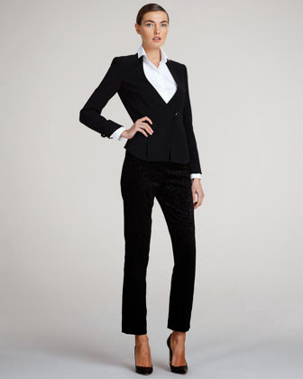 If your mother would not be caught dead in a dress, suggest a feminine pants look - like this Giorgio Armani tuxedo with cropped velvet trousers and an elegant silk blouse. If your mother would not be caught dead in a dress, suggest a feminine pants look - like this Giorgio Armani tuxedo with cropped velvet trousers and an elegant silk blouse.