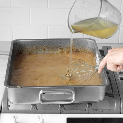 Slowly whisk in 2 1/2 cups stock and 1 cup water. Cook, whisking, until gravy thickens, about 5 minutes (reduce heat if it starts to scorch). Slowly whisk in 2 1/2 cups stock and 1 cup water. Cook, whisking, until gravy thickens, about 5 minutes (reduce heat if it starts to scorch).