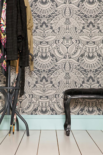 Orangerie is from The Baroque Papers collection and is bursting with extravagant detail encapsulating exotic leaf patterns interspersed with flowers and fruit such as the central pineapple motif. (us.farrow-ball.com)