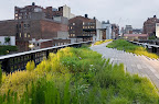 High Line es un parque público construido en una línea histórica del carril de la carga elevada sobre las calles en el lado del oeste de Manhattan.