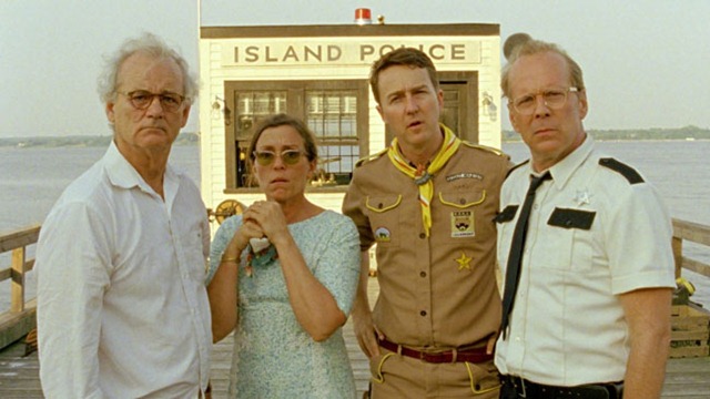 (l to r.) Bill Murray as Mr. Bishop, Frances McDormand as Mrs. Bishop, Edward Norton as Scout Master Ward, and Bruce Willis as Captain Sharp in Wes Anderson’s MOONRISE KINGDOM, a Focus Features release.  Credit:  Focus Features