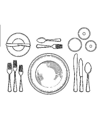 Setting the Table for Soup: Soup is served in a heated soup dish, atop a dinner plate, and eaten with the soup spoon, at outer right. When every guest has finished and laid his spoon, bowl up, across the upper right hand corner of the plate, the plate, bowl, and spoon will be removed. The bread-and-butter plate and butter knife remain. Setting the Table for Soup: Soup is served in a heated soup dish, atop a dinner plate, and eaten with the soup spoon, at outer right. When every guest has finished and laid his spoon, bowl up, across the upper right hand corner of the plate, the plate, bowl, and spoon will be removed. The bread-and-butter plate and butter knife remain.
