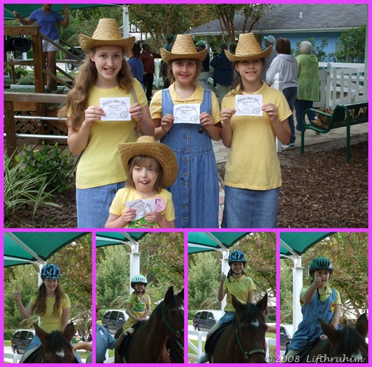 The girls showing off their certificates and posing on horses.