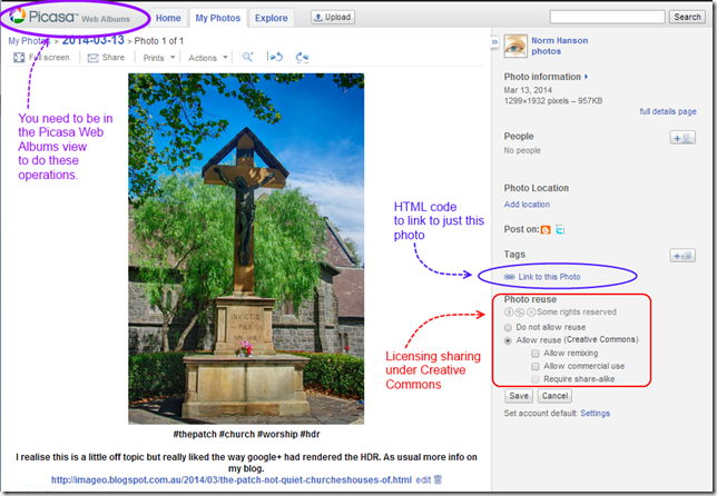 Sharing outside Google+ is easier via the Picasa Web Album View