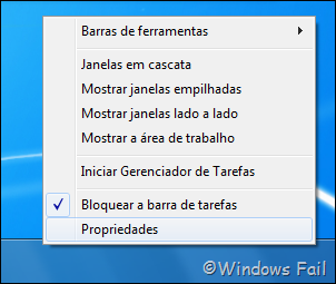 Clique com o botão direito na barra de tarefas e clique em Propriedades