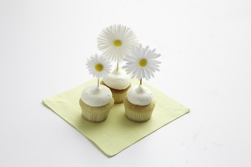 Adorable mini cupcakes from Butterfly Bakeshop with Martha Stewart Craft daisy stickers adorning the toothpicks.