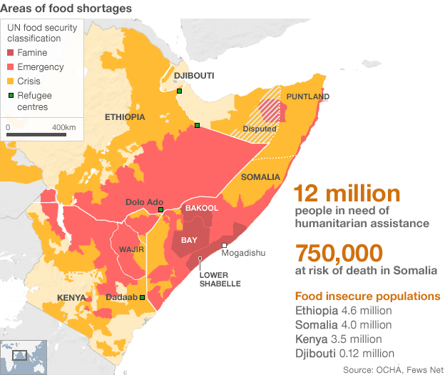 Areas of food shortages in East Africa, October 2011. OCHA, Fews Net
