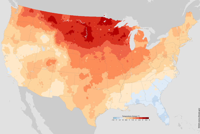 Large January Minimum Temperatures, 1981–2010, compared to 1971–2000. Map by NOAA