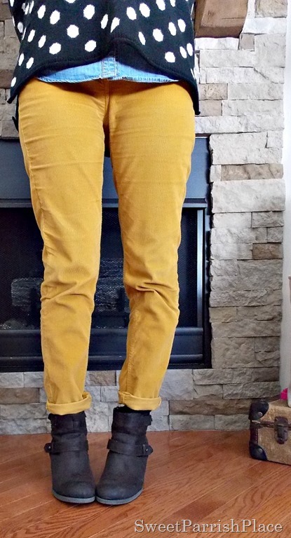 Mustard pants, black and white polka dots with brown booties2