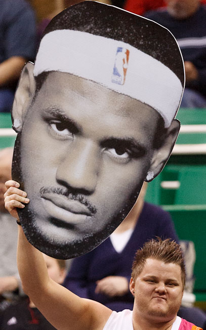 A Miami fan holds up a large LeBron James head. Utah Jazz vs. Miami Heat, NBA basketball at EnergySolutions Arena Friday, March 2, 2012 in Salt Lake City, Utah. Photo by Trent Nelson/The Salt Lake Tribune A Miami fan holds up a large LeBron James head. Utah Jazz vs. Miami Heat, NBA basketball at EnergySolutions Arena Friday, March 2, 2012 in Salt Lake City, Utah. Photo by Trent Nelson/The Salt Lake Tribune