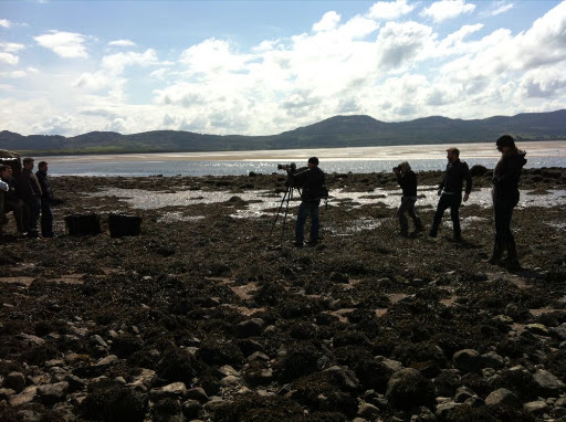 Shooting on a rocky shore, covered in seaweed.