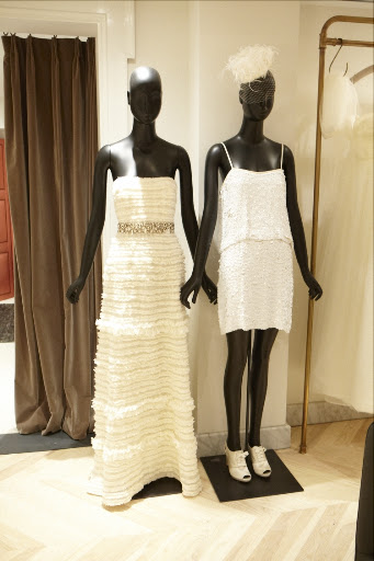 A ruffly dress with sparkly belt for your wedding day and a sequin white dress for a party or after your ceremony.