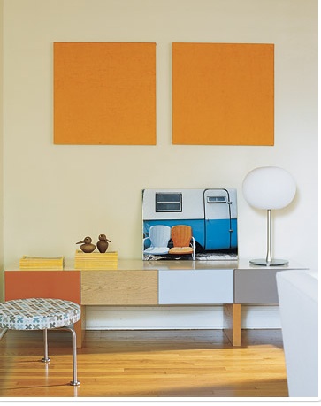 Simple, solid blocks of orange as art work is fun.