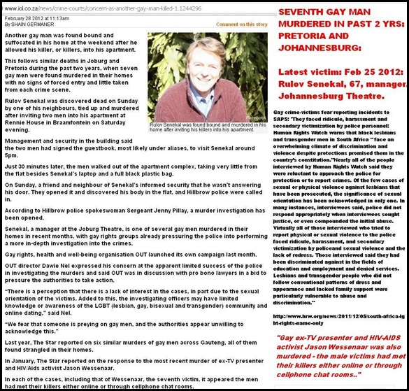 SENEKAL Rulov 7th gay white man murdered Gauteng past 2yrs Feb282012 BRAAMFONTEIN