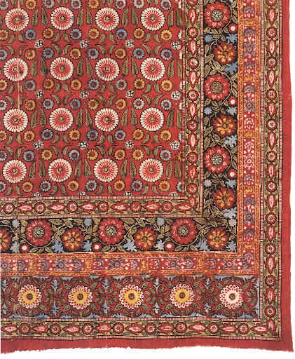This block-printed cotton chit from Uzbekistan from the 1920s-1930s is characterized by repeating floral motifs and borders.