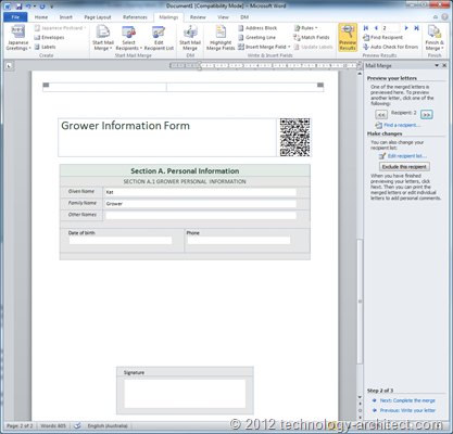 Preview mail merge in MS Word