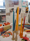 Our worktable, covered in chocolates, candles, and more.