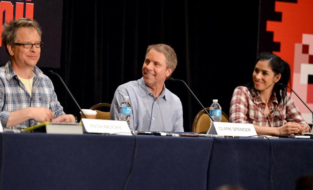 SAN DIEGO, CA - JULY 12:  (L-R) Director Rich Moore, producer Clark Spencer, and actress Sarah Silverman speak at the "Wreck-It Ralph" interviews during Comic-Con International 2012 at Hilton Bayfront Hotel on July 12, 2012 in San Diego, California.  (Photo by Alberto E. Rodriguez/WireImage)