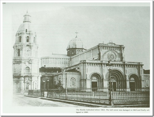 The Manila Cathedral before 1863. The bell tower was damaged in 1863 and finally collapsed in 1880.