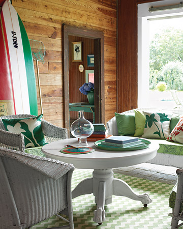 This chevron area rug is fantastic; greens and blues always look natural in sunny or semi-outdoor spaces. (www.marthastewart.com)