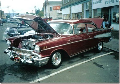 048-4 1957 Chevrolet in front of the Ellis Block in Rainier, Oregon in 1999