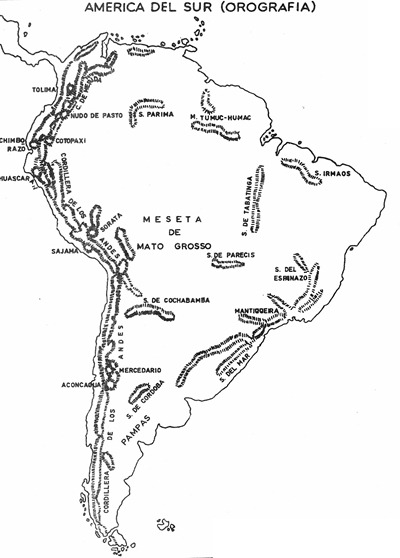 Mapa de la orografía de Améric del Sur