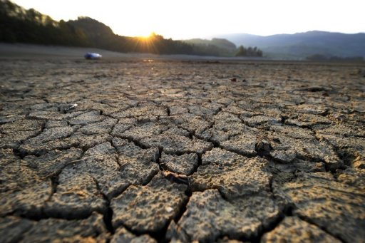 Cracked mud is pictured at sunrise in the dried shores of Lake Gruyere affected by continous drought in Europe. AFP/ Fabrice Coffrini