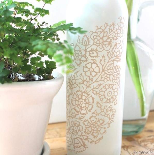 White & Ecru Lace Stenciled Bottle via homework (8) White & Ecru Lace Stenciled Bottle via homework (8)