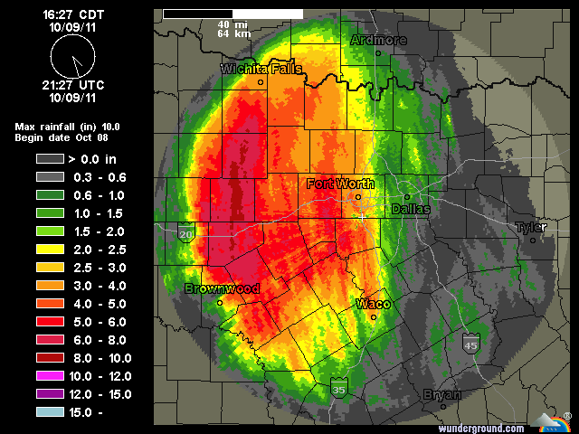 Texas precipitation at 21:27 UTC on 9 October 2011. wunderground.com