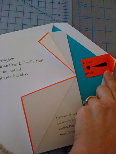 Cheree Berry made this amazing pull-out, which slides out of the envelope liner of her tuxedo-inspired invitation. I love that it's a secret note for the clever guests who notice it (this was a prototype before we decided on the black and ivory palette for this suite).