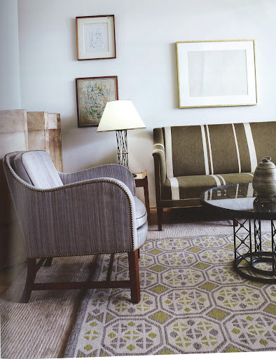 A sitting area has an armchair and sofa by Kaare Klint. The iron table and lamp, in the Tour Eiffel pattern, are by Jean Royere. The wool rug is 1940s Swedish. (Dealer's Choice, Architecture/Interiors Press, Inc.) A sitting area has an armchair and sofa by Kaare Klint. The iron table and lamp, in the Tour Eiffel pattern, are by Jean Royere. The wool rug is 1940s Swedish. (Dealer's Choice, Architecture/Interiors Press, Inc.)