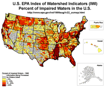 EPA Index of Watershed Indicators (IWI), percent of imparied waters in the U.S., 1999. Graphic: EPA