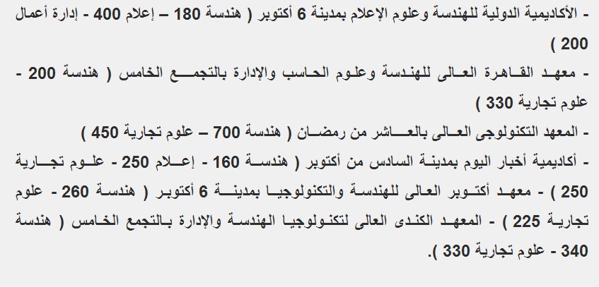 اسماء المعاهد الخاصة وأعداد الطلاب المسموح بها بعد قرار وزير التعليم العالي لعام 2013
